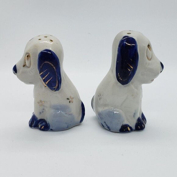 White Blue Gold Sad Eyed Dog Vintage Salt and Pepper Shaker - Picture 4 of 9